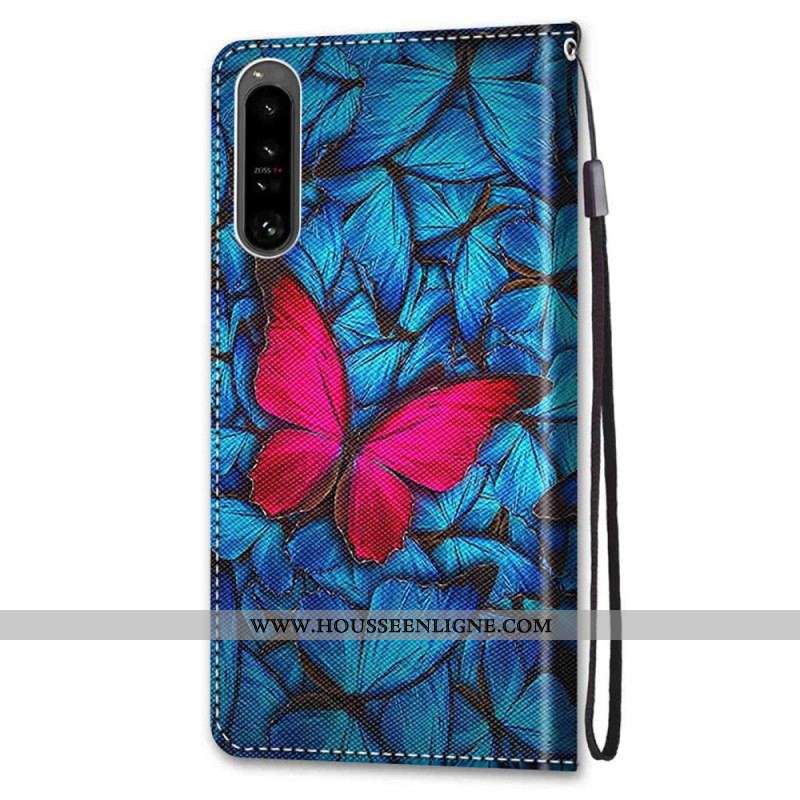 Housse Sony Xperia 1 IV Papillon Rouge Sur Fond Bleu