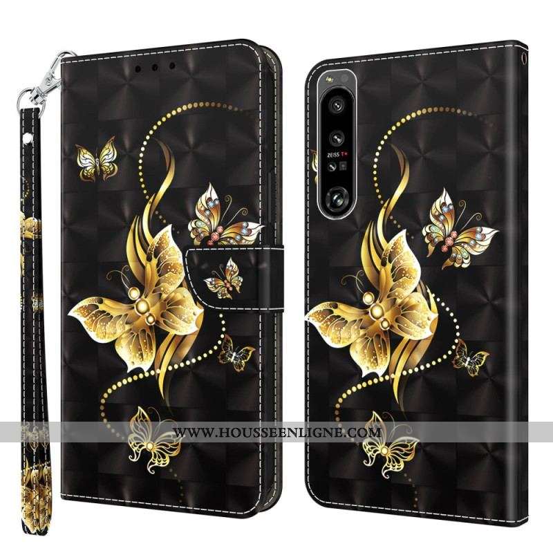 Housse Sony Xperia 1 IV Papillons Dorés à Lanière
