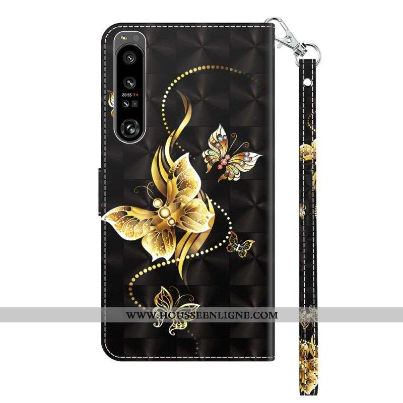 Housse Sony Xperia 1 IV Papillons Dorés à Lanière