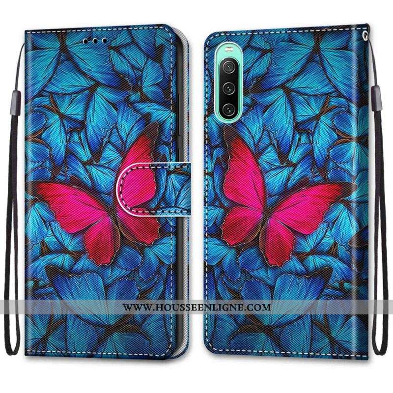 Housse Sony Xperia 10 IV Papillon Rouge Sur Fond Bleu