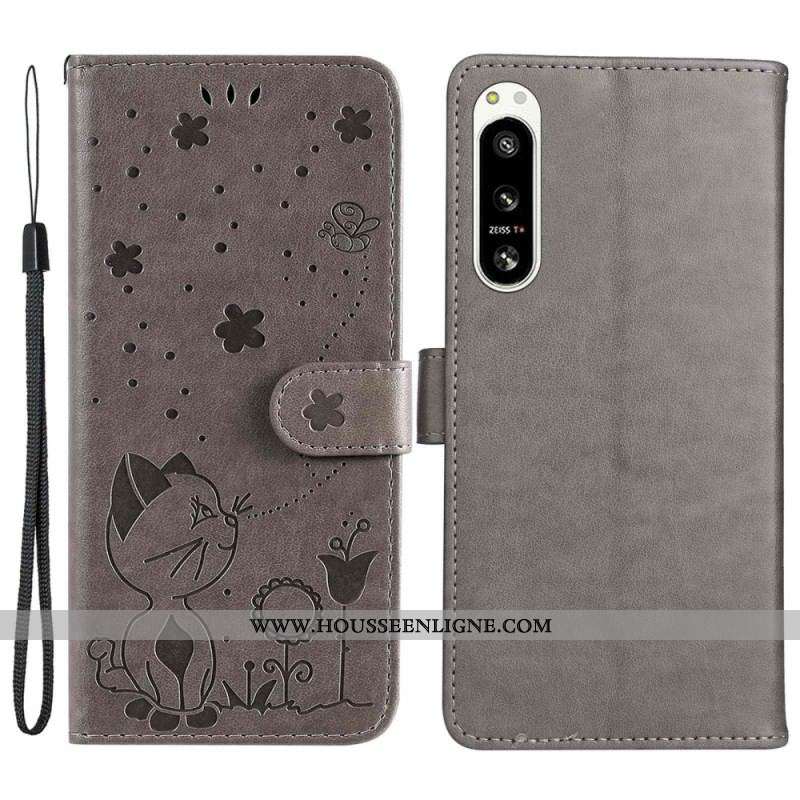 Housse Sony Xperia 5 IV Chat et Abeille à Lanière
