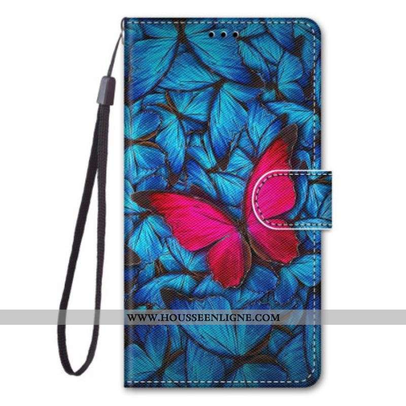 Housse Sony Xperia 5 IV Papillon Rouge Sur Fond Bleu