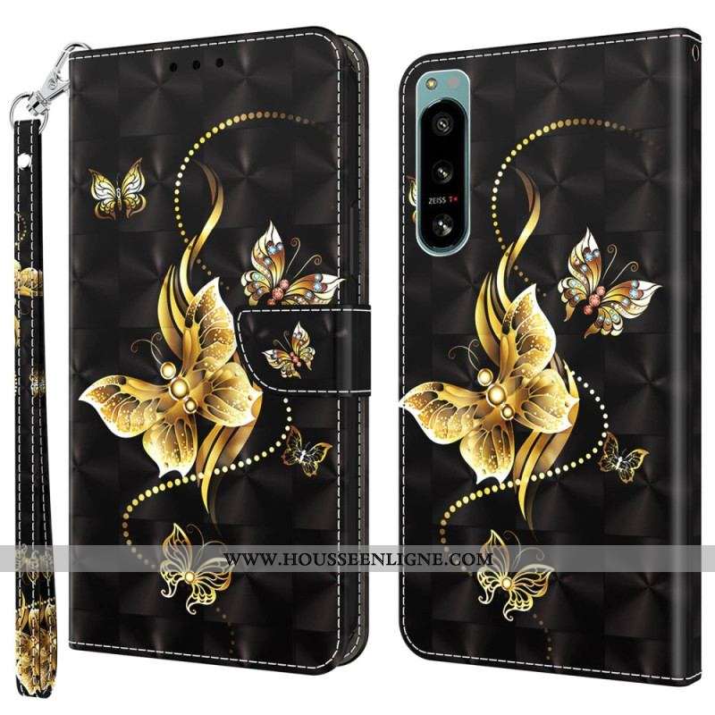 Housse Sony Xperia 5 IV Papillons Dorés à Lanière