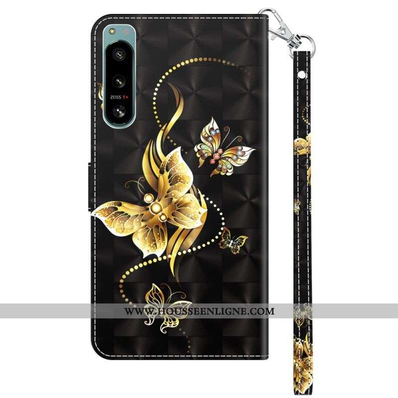 Housse Sony Xperia 5 IV Papillons Dorés à Lanière