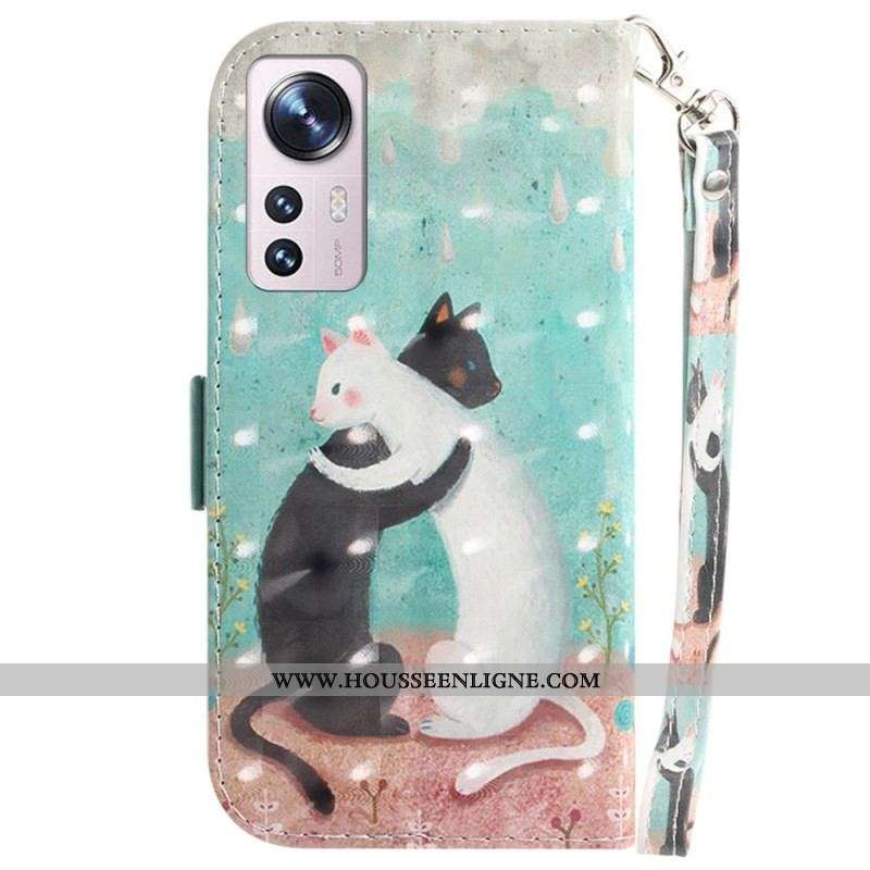 Housse Xiaomi 12 / 12X Chat Noir Chat Blanc à Lanière