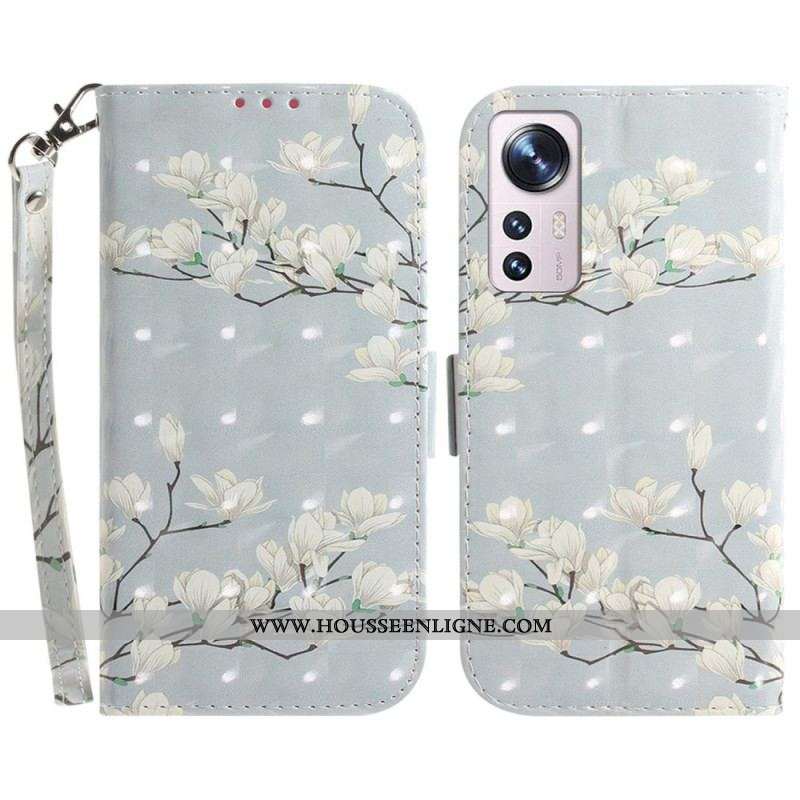 Housse Xiaomi 12 / 12X Fleurs Blanches à Lanière