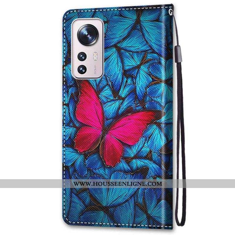 Housse Xiaomi 12 / 12X Papillon Rouge à Lanière