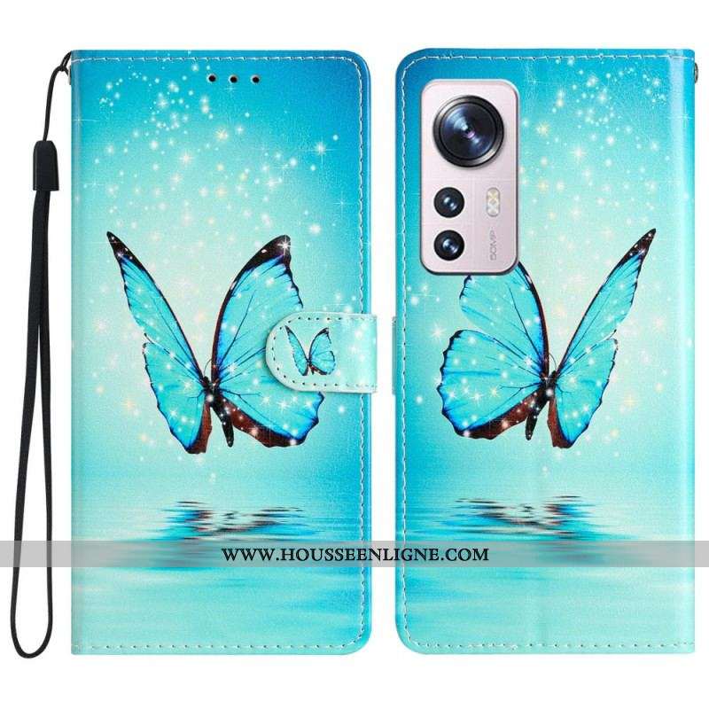 Housse Xiaomi 12 Lite Papillons Bleus à Lanière