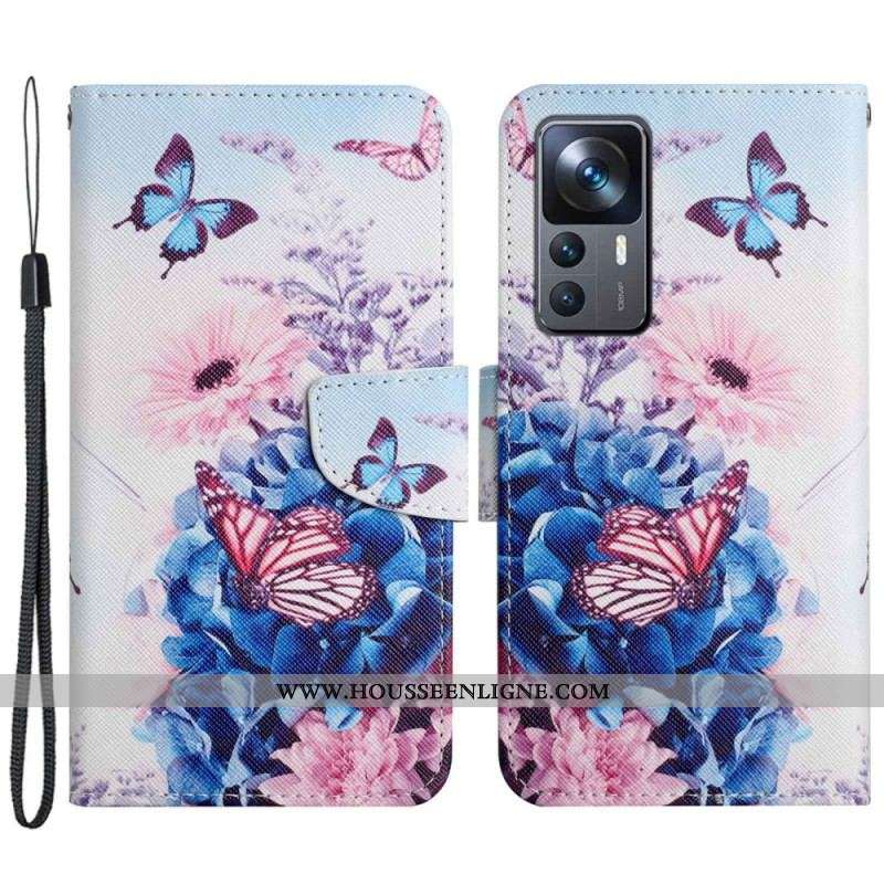 Housse Xiaomi 12T / 12T Pro Papillons aux Fleurs avec Lanière