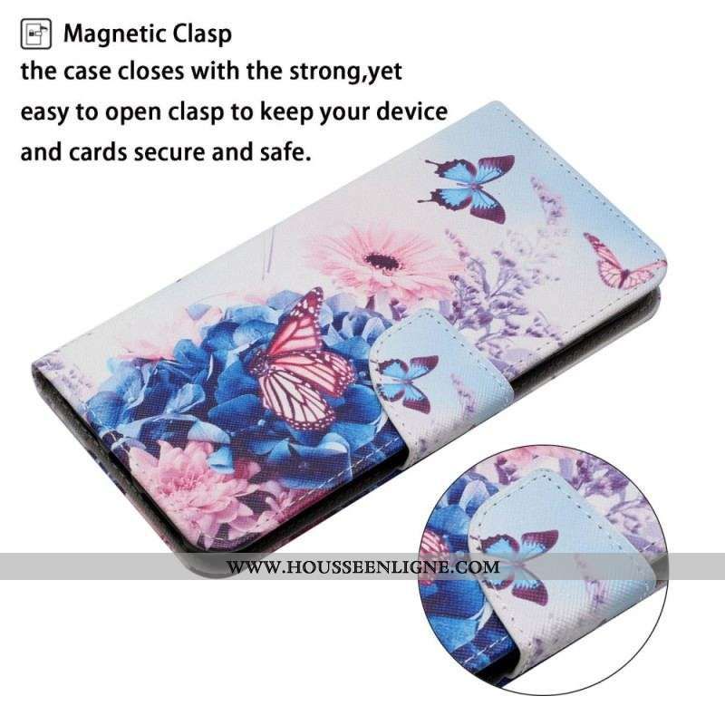 Housse Xiaomi 12T / 12T Pro Papillons aux Fleurs avec Lanière