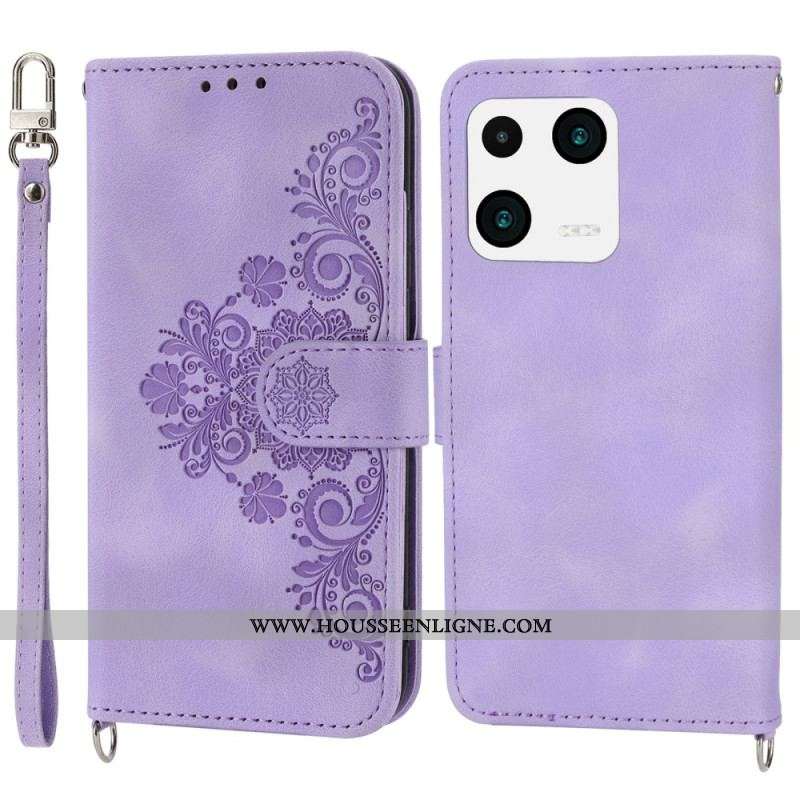 Housse Xiaomi 13 Fleurs Dentelles avec Lanière et Bandoulière