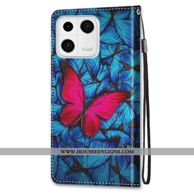 Housse Xiaomi 13 Papillon Rouge Sur Fond Bleu