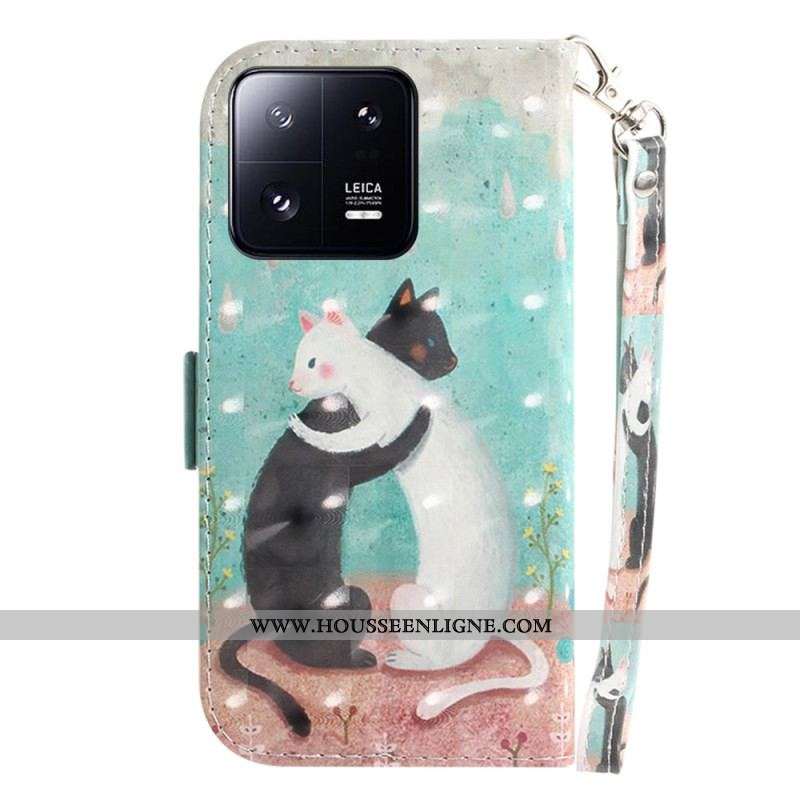 Housse Xiaomi 13 Pro Chat Noir Chat Blanc à Lanière