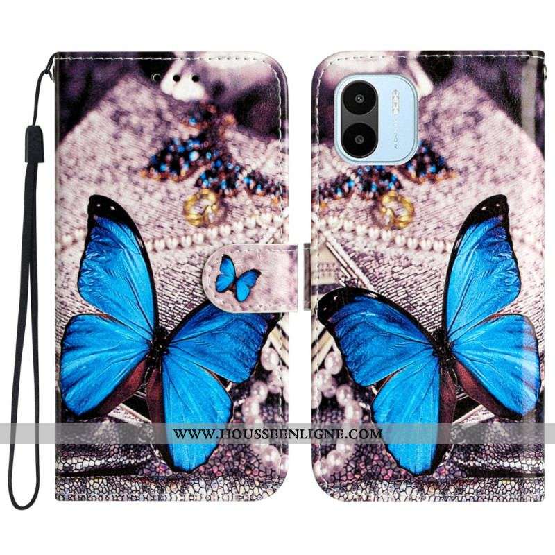 Housse Xiaomi Redmi A1 Papillon Bleu à Lanière