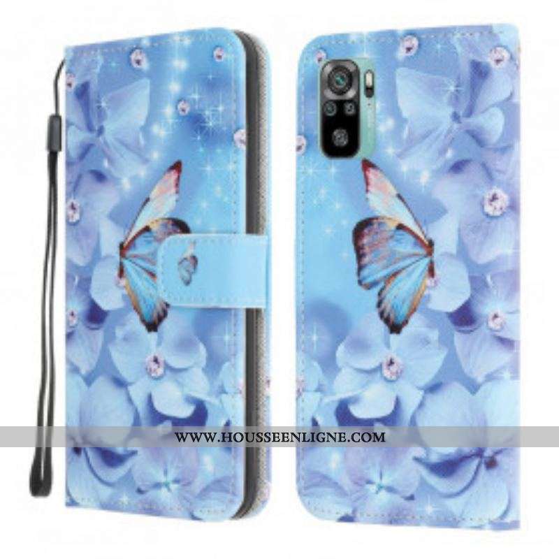Housse Xiaomi Redmi Note 10/10S/Poco M5s Papillons Diamants à Lanière