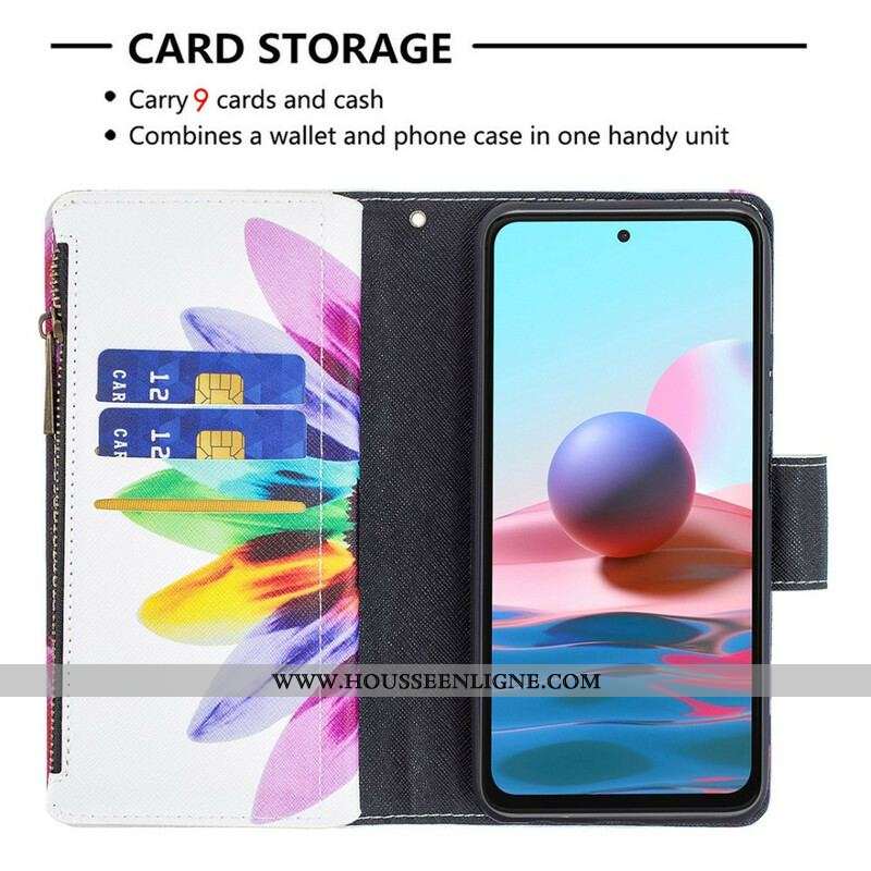 Housse Xiaomi Redmi Note 10/10S/Poco M5s Poche Zippée Fleur