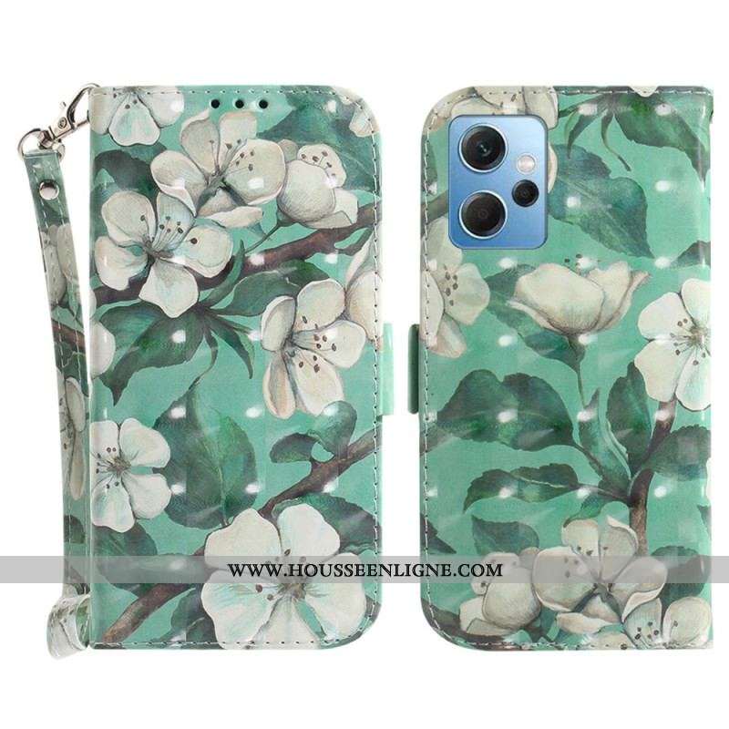 Housse Xiaomi Redmi Note 12 4G Fleurs Blanches à Lanière