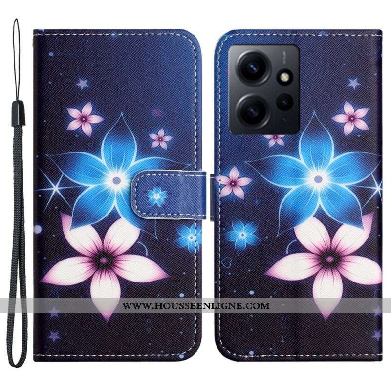 Housse Xiaomi Redmi Note 12 4G Fleurs Lunaires à Lanière