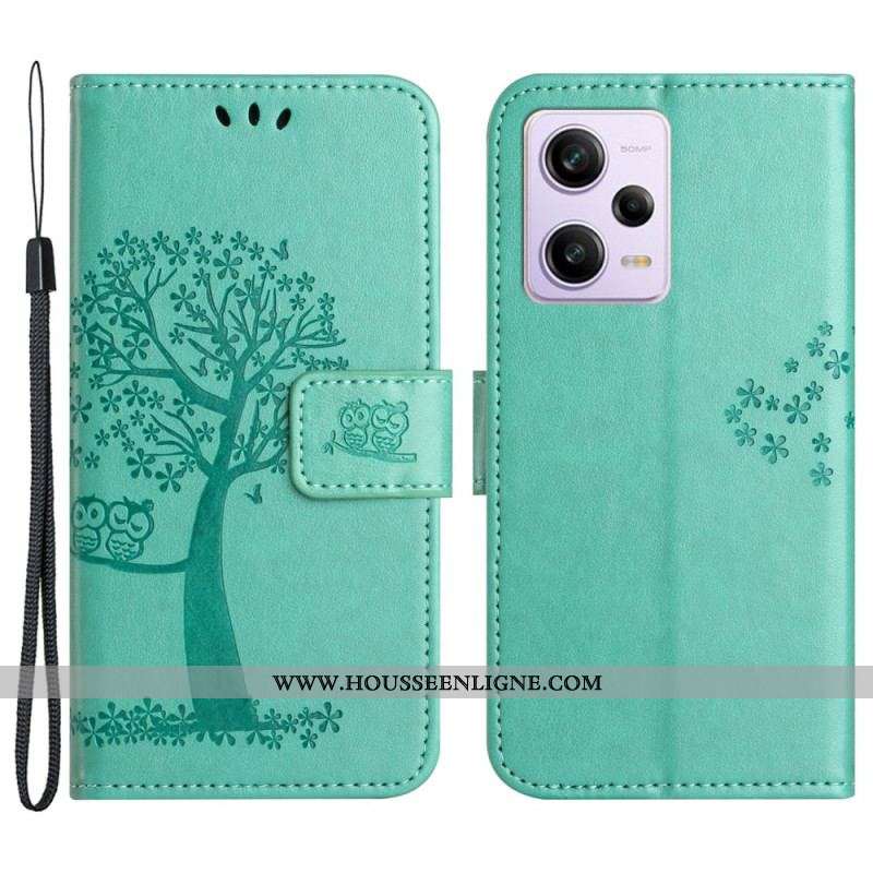 Housse Xiaomi Redmi Note 12/Poco X5 5G Arbre et Hiboux à Lanière
