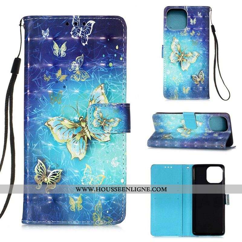 Housse iPhone 13 Mini Papillons Dorés Lanière