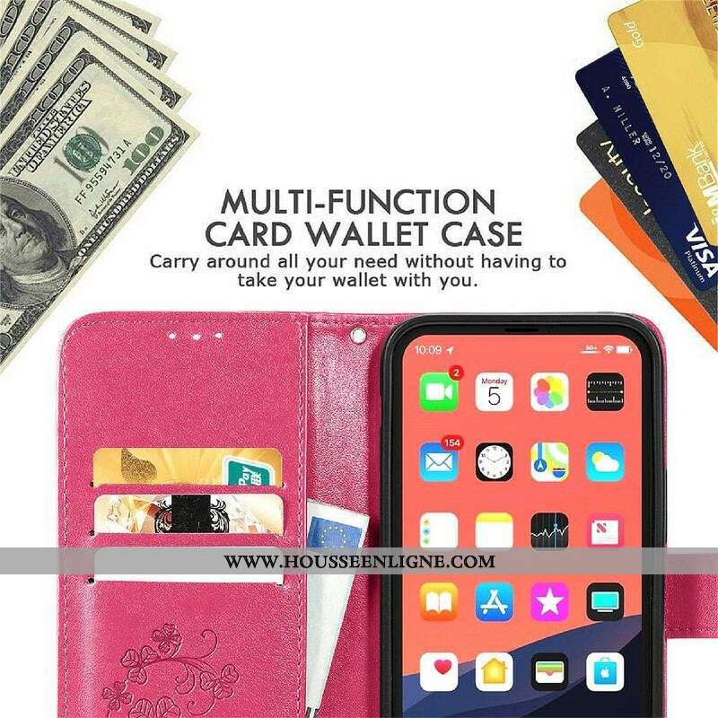Housse iPhone 13 Mini Papillons et Fleurs à Lanière
