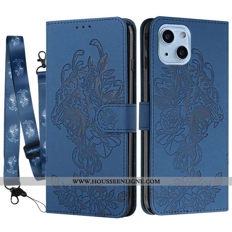 Housse iPhone 13 Mini Tigre Baroque à Lanière