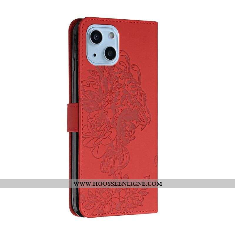 Housse iPhone 13 Mini Tigre Baroque à Lanière