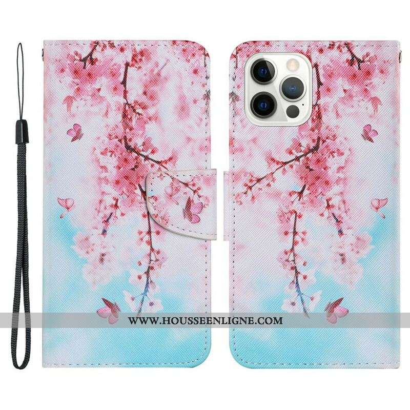 Housse iPhone 13 Pro Branches Rouges à Lanière