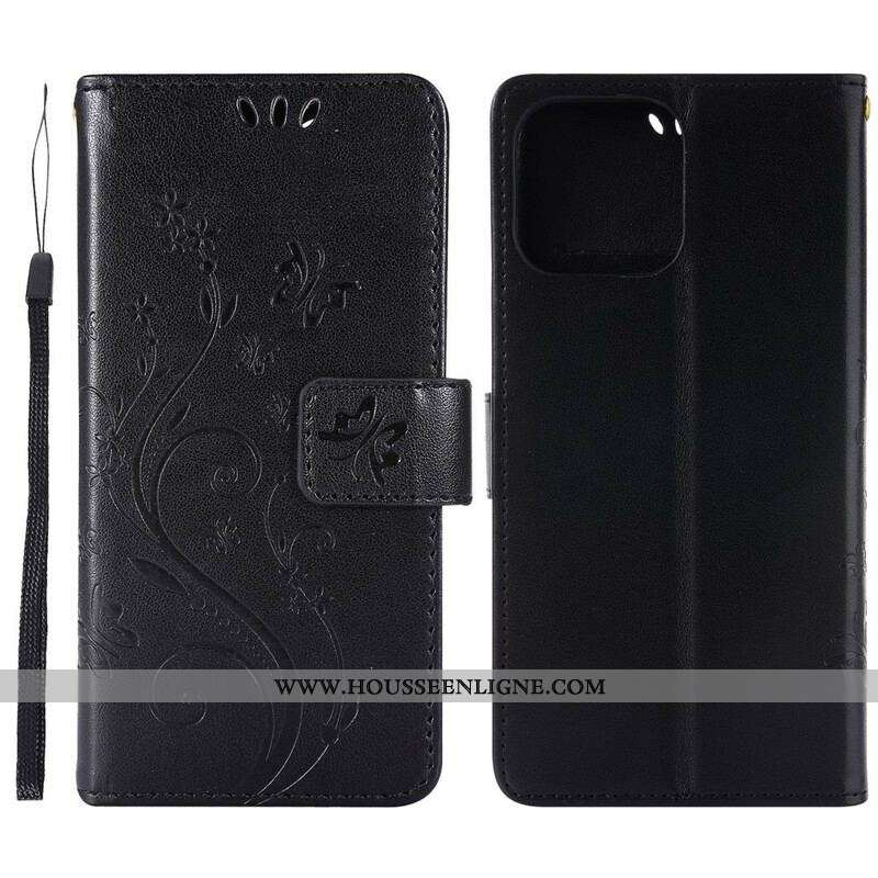 Housse iPhone 13 Pro Fleurs Graphiques à Lanière