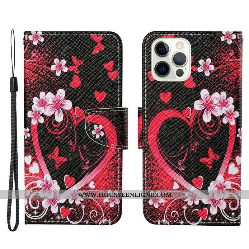 Housse iPhone 13 Pro Fleurs et Coeurs avec Lanière