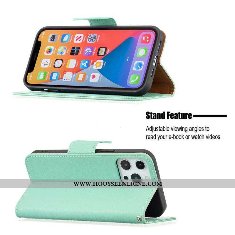 Housse iPhone 13 Pro Max Effet Cuir Litchi Coloré à Lanière