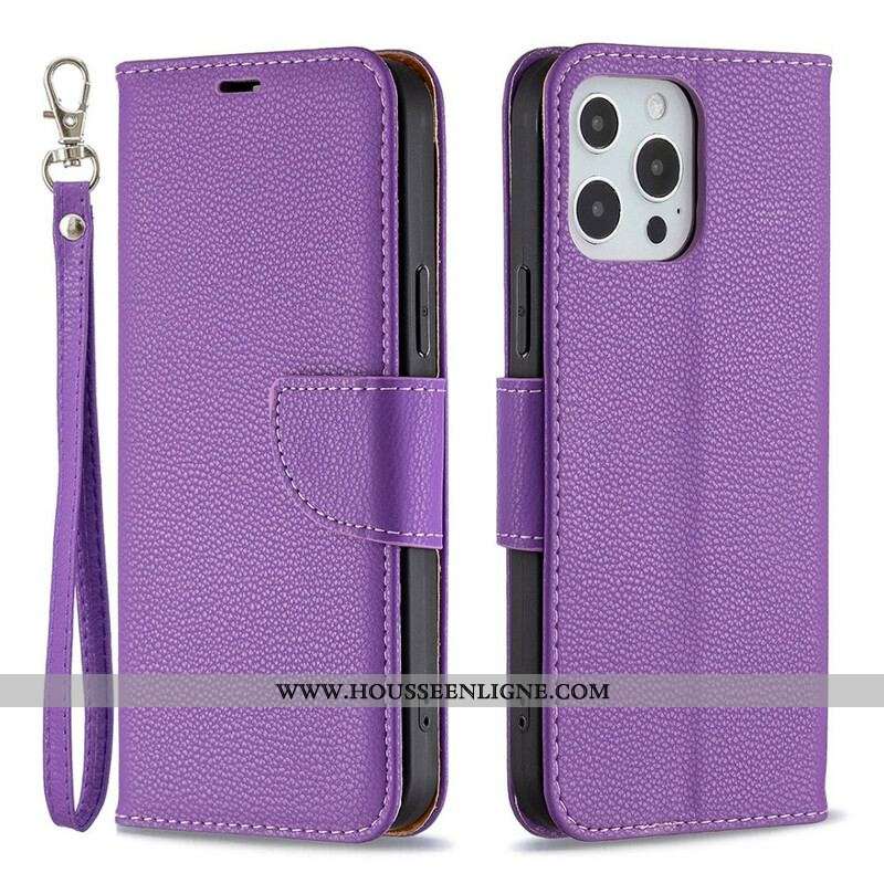 Housse iPhone 13 Pro Max Effet Cuir Litchi Coloré à Lanière