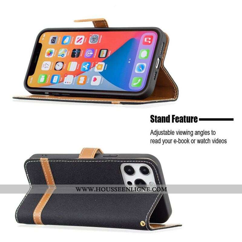 Housse iPhone 13 Pro Max Tissu et Effet Cuir à Lanière
