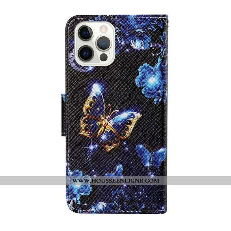 Housse iPhone 13 Pro Précieux Papillons à Lanière