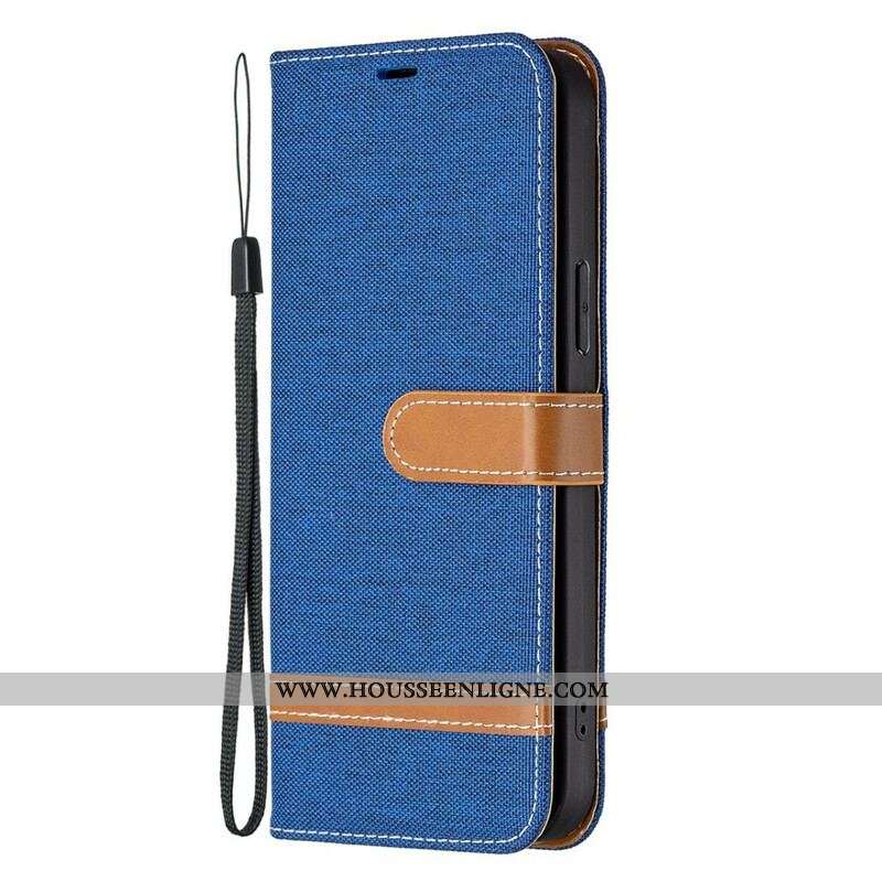Housse iPhone 13 Pro Tissu et Effet Cuir à Lanière