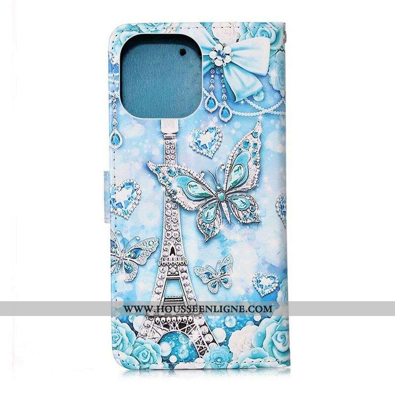 Housse iPhone 13 Pro Tour Eiffel Papillons à Lanière