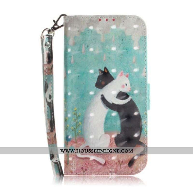 Housse iPhone 14 Plus Chat Noir Chat Blanc à Lanière