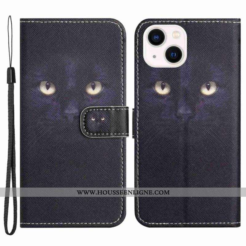 Housse iPhone 14 Plus Chat Noir à Lanière