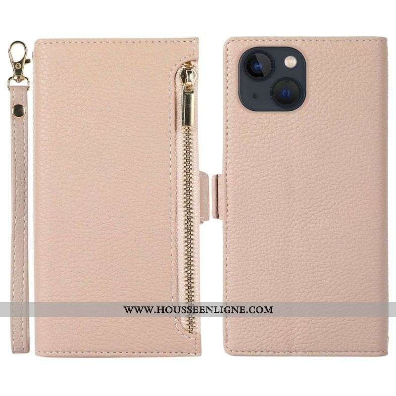 Housse iPhone 14 Plus Cuir Litchi à Lanière et Fermeture Éclaire