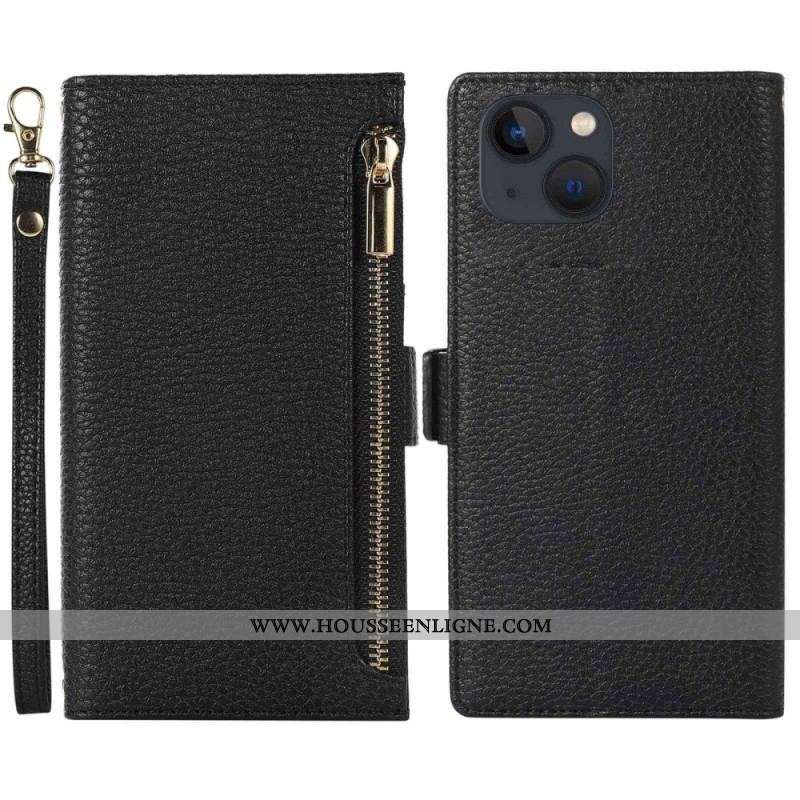 Housse iPhone 14 Plus Cuir Litchi à Lanière et Fermeture Éclaire