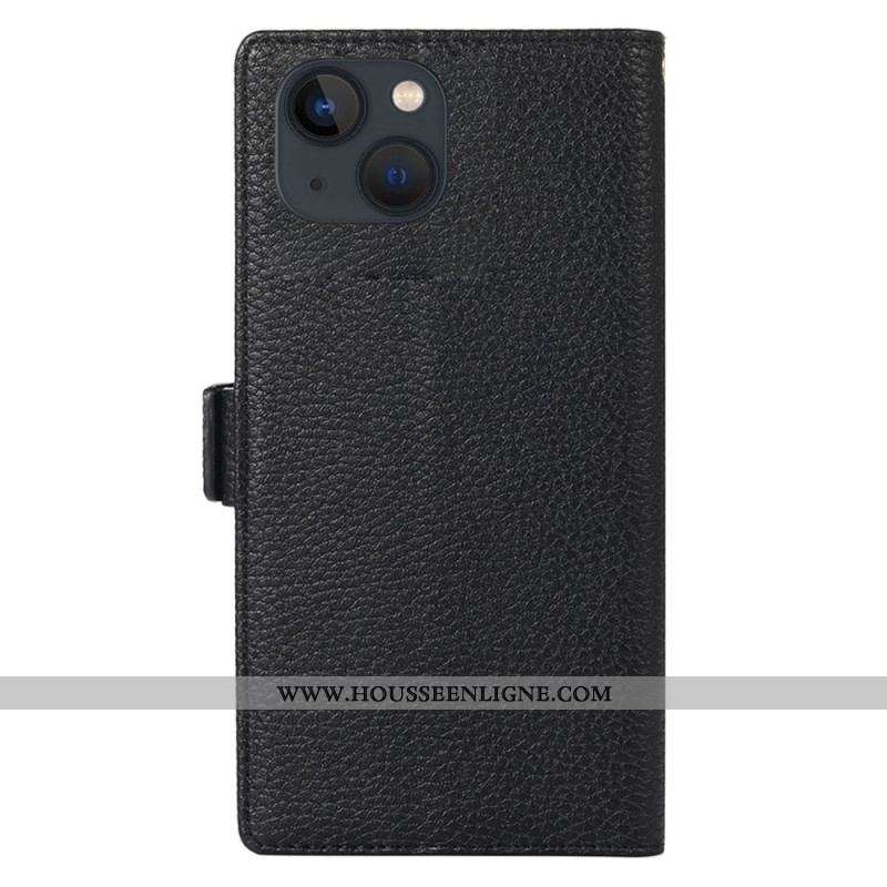 Housse iPhone 14 Plus Cuir Litchi à Lanière et Fermeture Éclaire