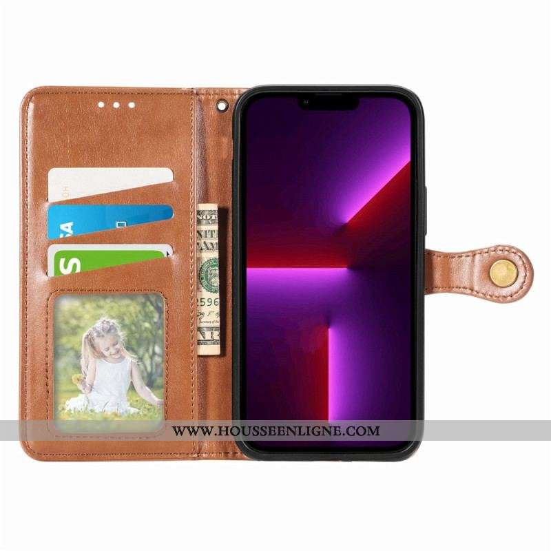 Housse iPhone 14 Plus Fermoir Rivet et Lanière