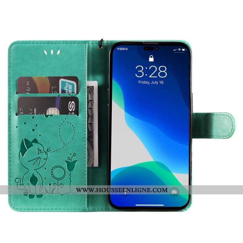 Housse iPhone 14 Pro Max Chat et Abeilles à Lanière