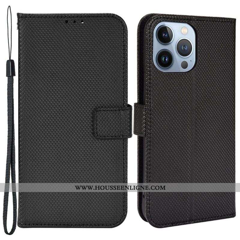 Housse iPhone 14 Pro Max Simili Cuir Stylé à Lanière