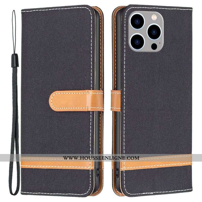 Housse iPhone 14 Pro Max Tissu et Effet Cuir à Lanière