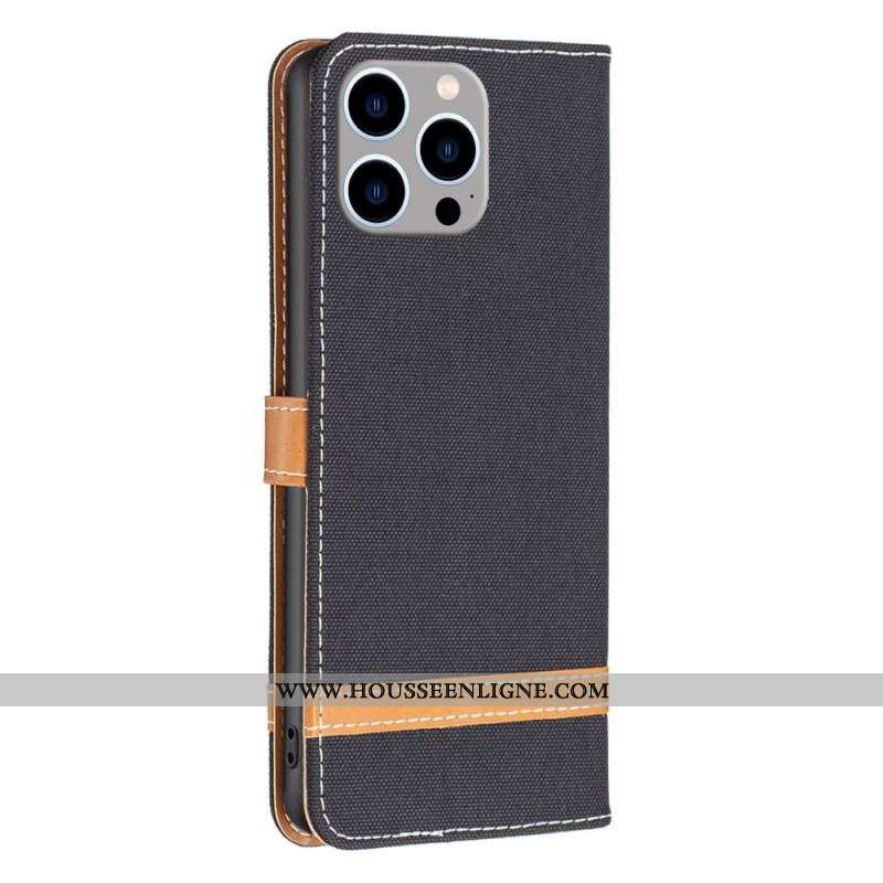 Housse iPhone 14 Pro Max Tissu et Effet Cuir à Lanière