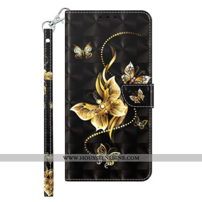 Housse iPhone 14 Pro Papillons Dorés à Lanière