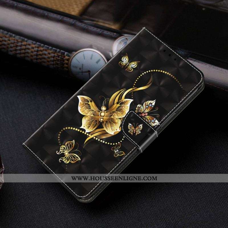 Housse iPhone 14 Pro Papillons Dorés à Lanière