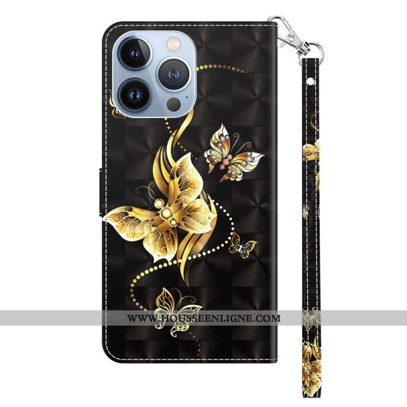 Housse iPhone 14 Pro Papillons Dorés à Lanière