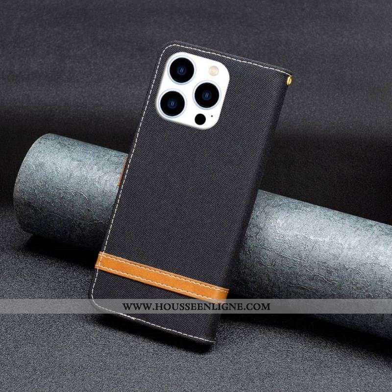 Housse iPhone 14 Pro Tissu et Effet Cuir à Lanière